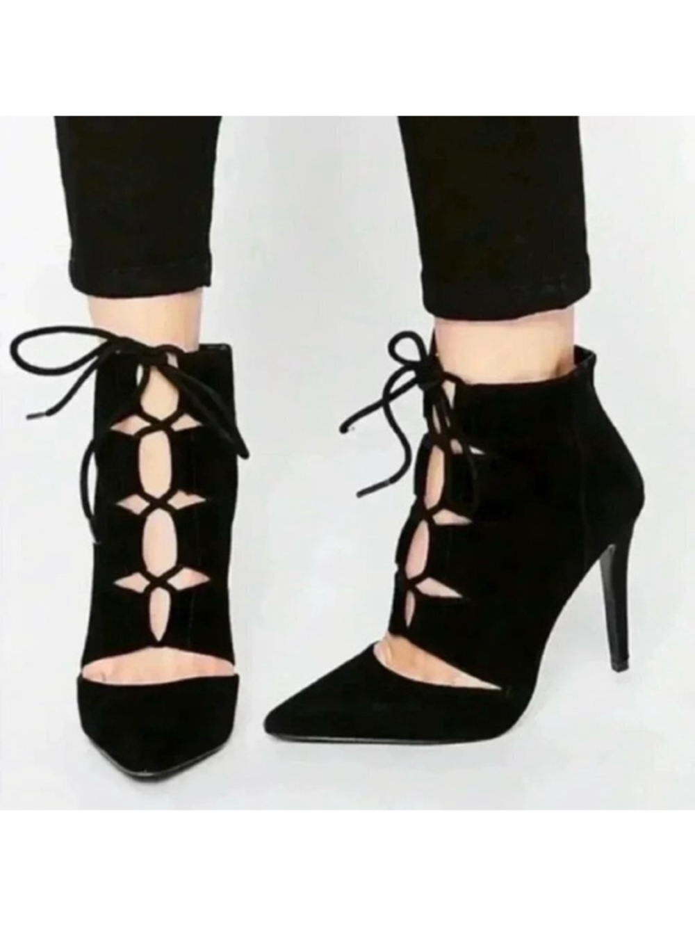Aldo Eraede Lace Up Stiletto Ankle Boots Cut Out Black Suede 7.5